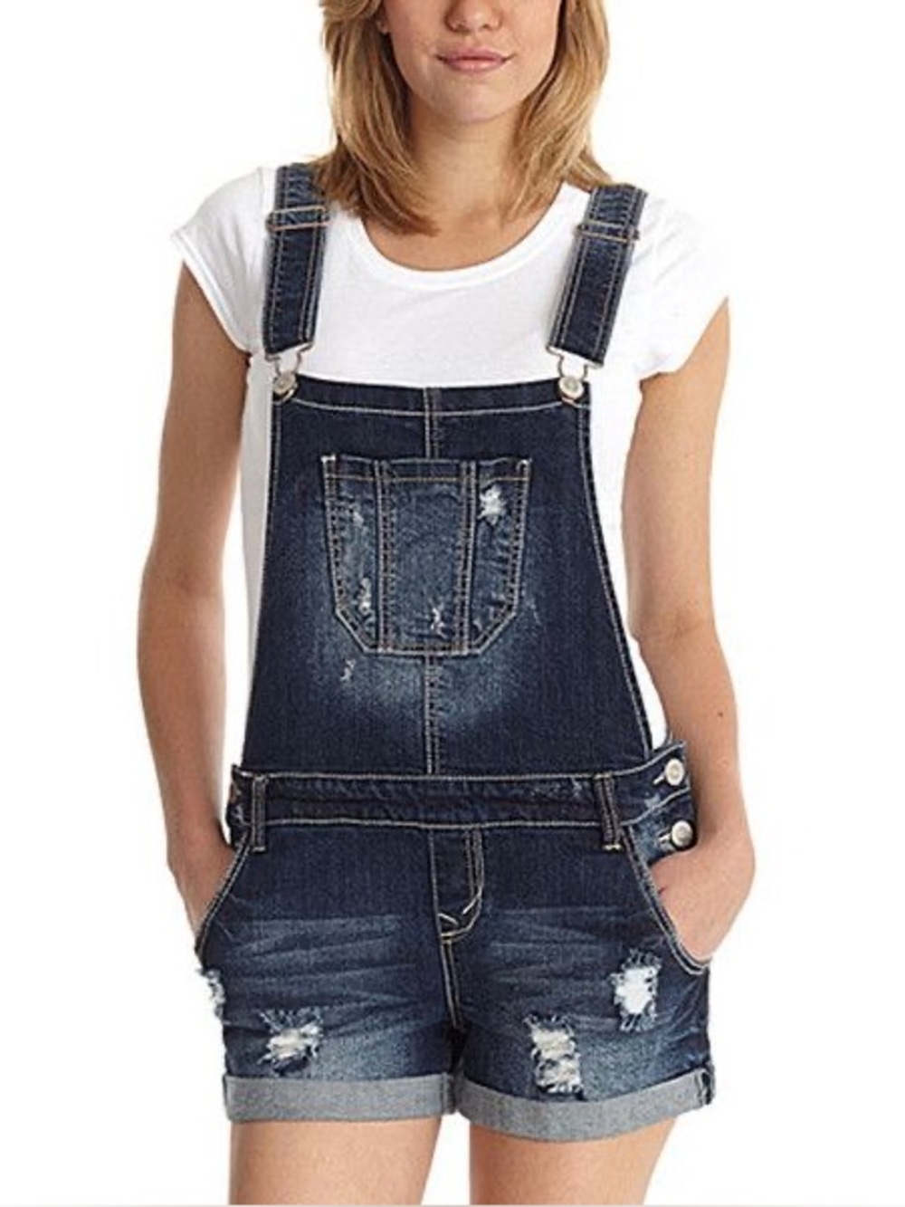 WallFlower Jeans “Camila” Dark Wash Distressed Denim Overall Shorts Size M